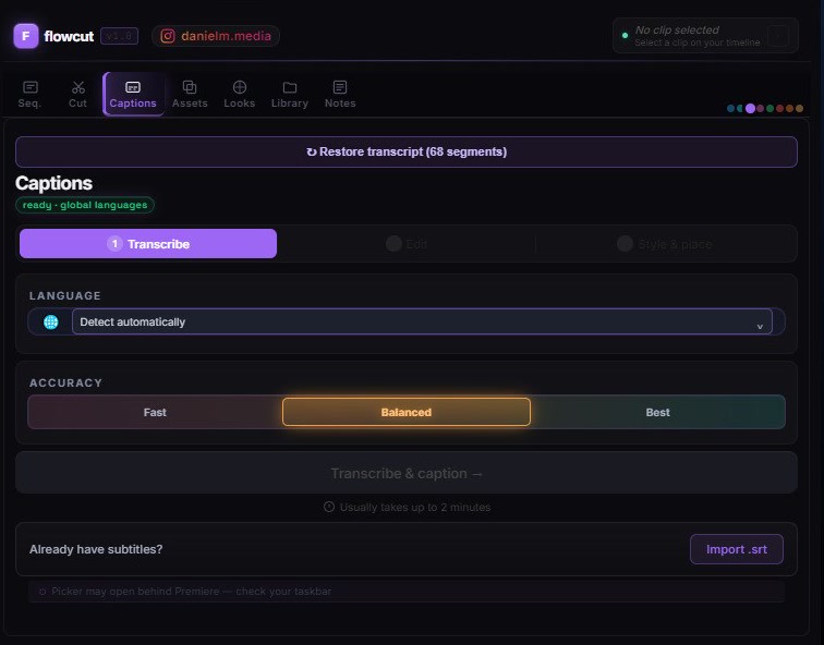 Captions — transcription and animated subtitles in FlowCut