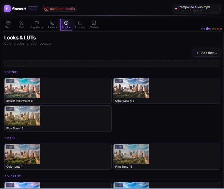 Looks & LUTs — color grades inside FlowCut